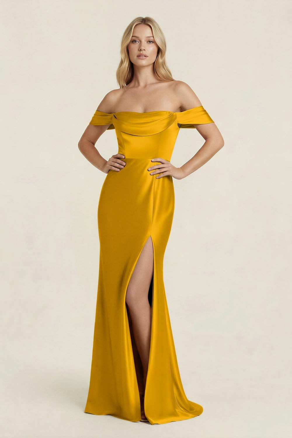 Off - the - Shoulder Sheath Satin Bridesmaid Dress with Slit in Marigold - KissProm Bridesmaid Dresses