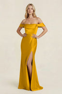 Off - the - Shoulder Sheath Satin Bridesmaid Dress with Slit in Marigold - KissProm Bridesmaid Dresses
