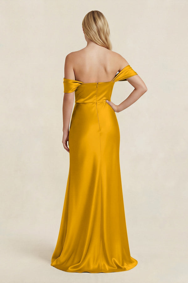Off - the - Shoulder Sheath Satin Bridesmaid Dress with Slit in Marigold - KissProm Bridesmaid Dresses