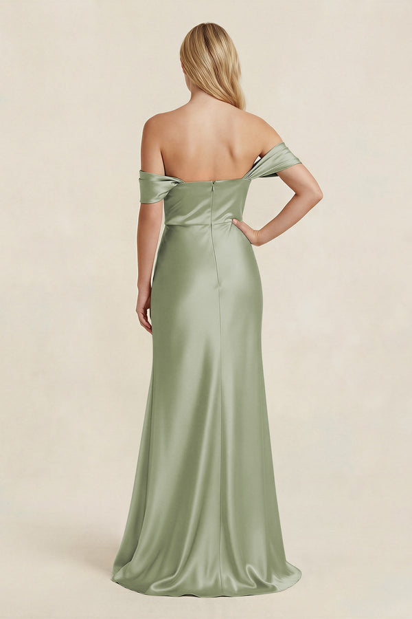 Off - the - Shoulder Sheath Satin Bridesmaid Dress with Slit in Matcha - KissProm Bridesmaid Dresses