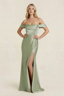 Off - the - Shoulder Sheath Satin Bridesmaid Dress with Slit in Matcha - KissProm Bridesmaid Dresses