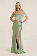 Off - the - Shoulder Sheath Satin Bridesmaid Dress with Slit in Matcha - KissProm Bridesmaid Dresses