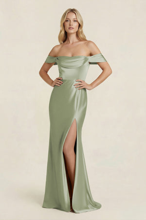 Off - the - Shoulder Sheath Satin Bridesmaid Dress with Slit in Matcha - KissProm Bridesmaid Dresses