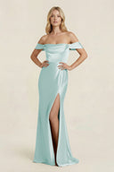 Off - the - Shoulder Sheath Satin Bridesmaid Dress with Slit in Mist - KissProm Bridesmaid Dresses