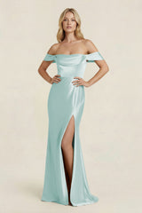 Off - the - Shoulder Sheath Satin Bridesmaid Dress with Slit in Mist - KissProm Bridesmaid Dresses
