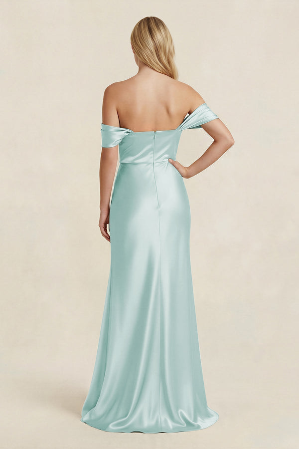 Off - the - Shoulder Sheath Satin Bridesmaid Dress with Slit in Mist - KissProm Bridesmaid Dresses
