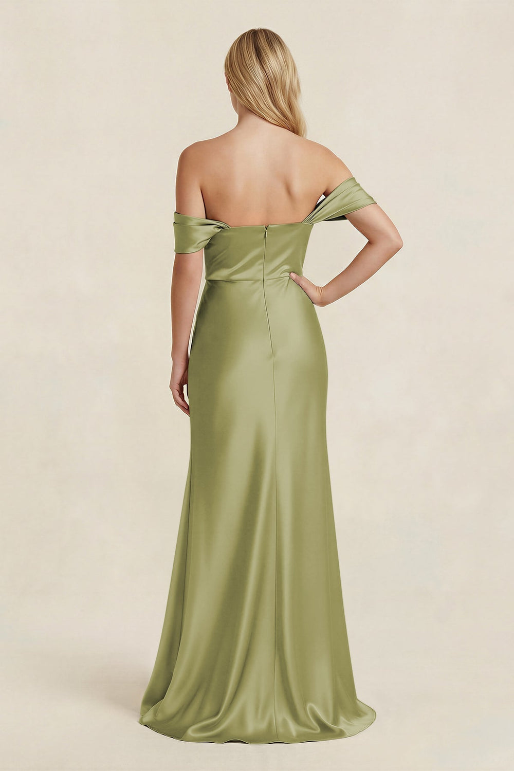 Off - the - Shoulder Sheath Satin Bridesmaid Dress with Slit in Moss Green - KissProm Bridesmaid Dresses