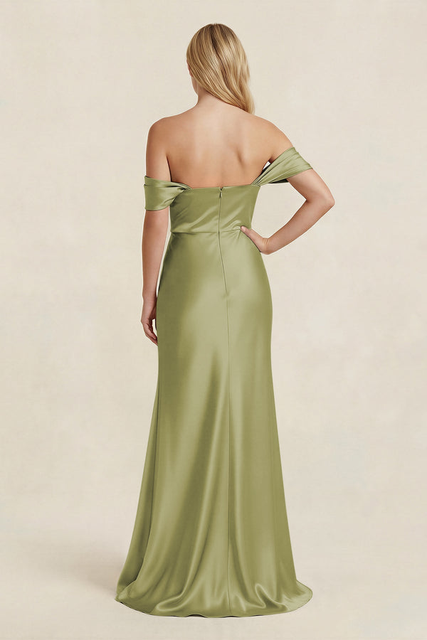 Off - the - Shoulder Sheath Satin Bridesmaid Dress with Slit in Moss Green - KissProm Bridesmaid Dresses