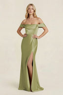 Off - the - Shoulder Sheath Satin Bridesmaid Dress with Slit in Moss Green - KissProm Bridesmaid Dresses