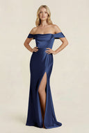 Off - the - Shoulder Sheath Satin Bridesmaid Dress with Slit in Navy - KissProm Bridesmaid Dresses