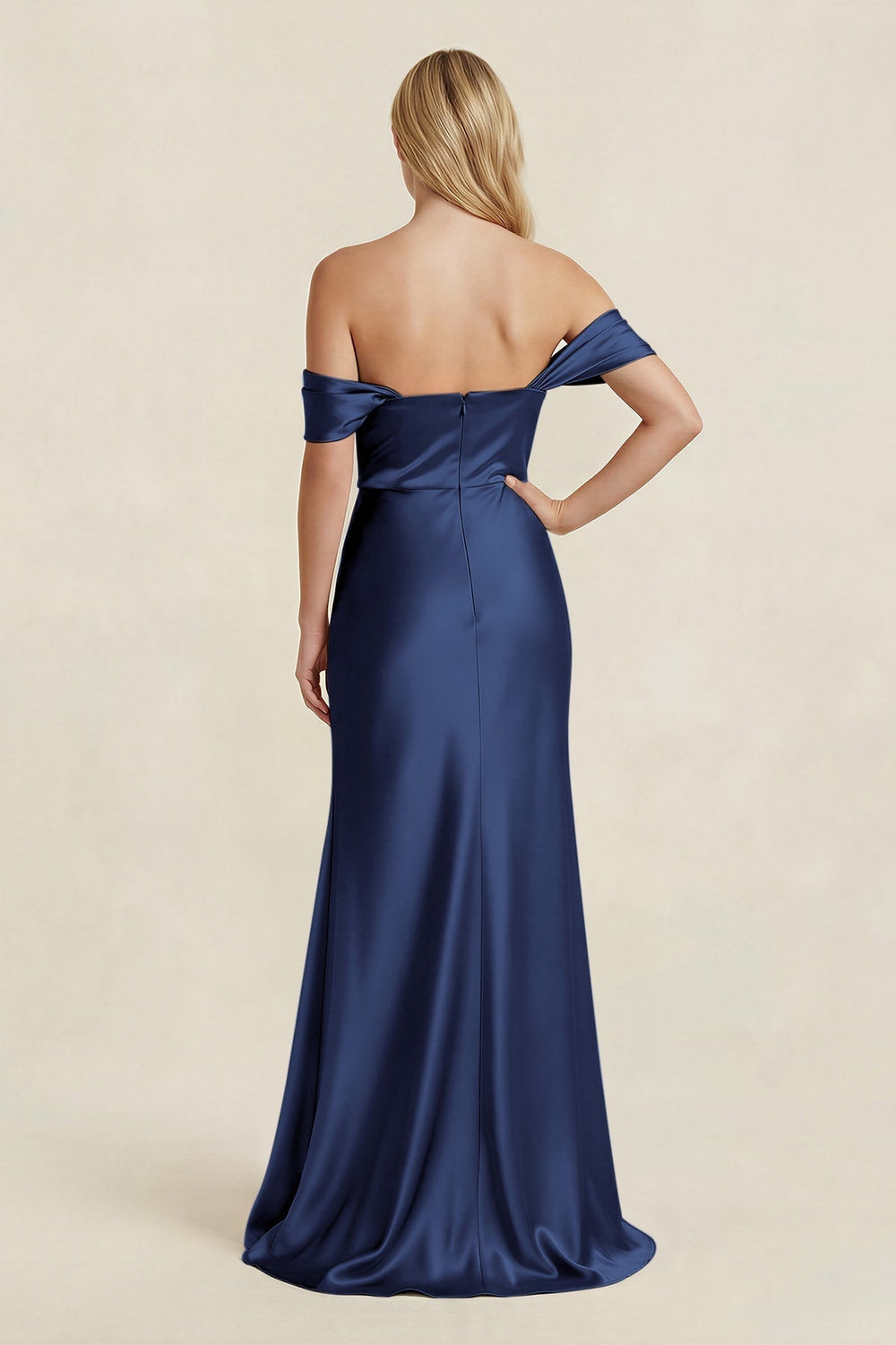 Off - the - Shoulder Sheath Satin Bridesmaid Dress with Slit in Navy - KissProm Bridesmaid Dresses