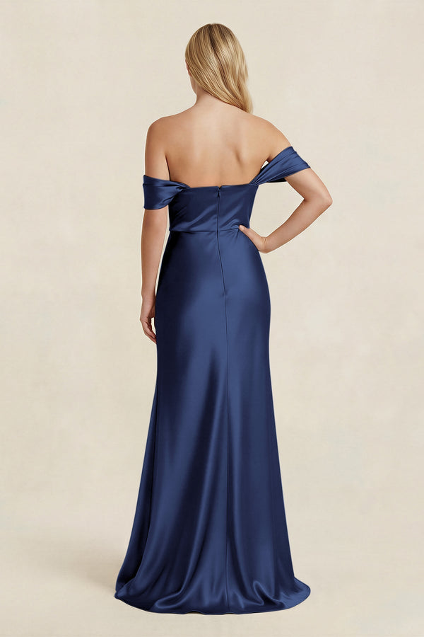 Off - the - Shoulder Sheath Satin Bridesmaid Dress with Slit in Navy - KissProm Bridesmaid Dresses