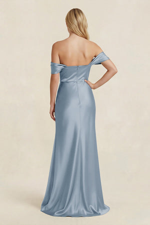 Off - the - Shoulder Sheath Satin Bridesmaid Dress with Slit in Neptune - KissProm Bridesmaid Dresses