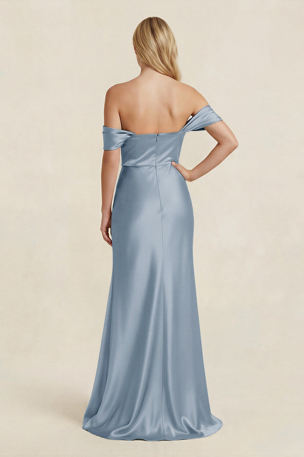 Off - the - Shoulder Sheath Satin Bridesmaid Dress with Slit in Neptune - KissProm Bridesmaid Dresses