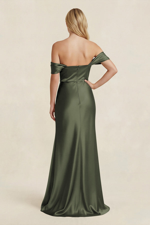 Off - the - Shoulder Sheath Satin Bridesmaid Dress with Slit in Olive - KissProm Bridesmaid Dresses