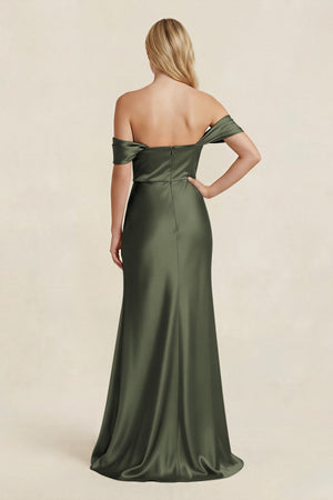 Off - the - Shoulder Sheath Satin Bridesmaid Dress with Slit in Olive - KissProm Bridesmaid Dresses