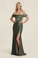 Off - the - Shoulder Sheath Satin Bridesmaid Dress with Slit in Olive - KissProm Bridesmaid Dresses