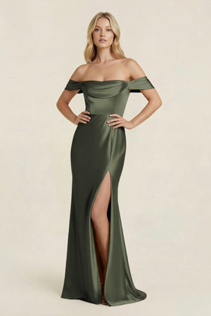 Off - the - Shoulder Sheath Satin Bridesmaid Dress with Slit in Olive - KissProm Bridesmaid Dresses