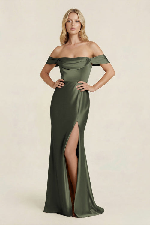 Off - the - Shoulder Sheath Satin Bridesmaid Dress with Slit in Olive - KissProm Bridesmaid Dresses