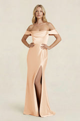 Off - the - Shoulder Sheath Satin Bridesmaid Dress with Slit in Pale Blush - KissProm Bridesmaid Dresses