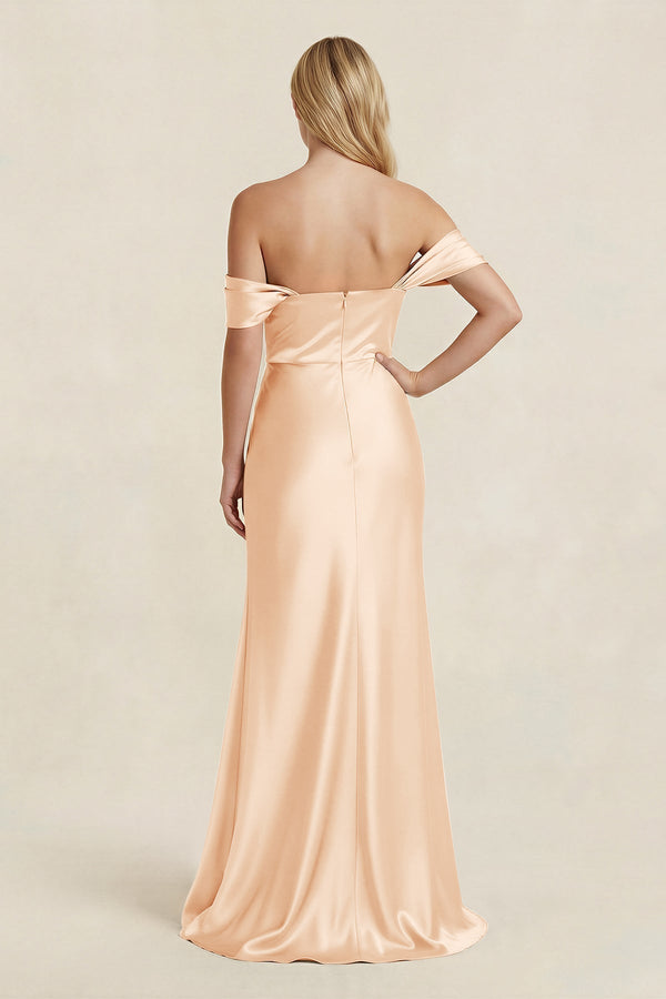 Off - the - Shoulder Sheath Satin Bridesmaid Dress with Slit in Pale Blush - KissProm Bridesmaid Dresses