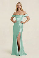 Off - the - Shoulder Sheath Satin Bridesmaid Dress with Slit in Pale Pistachio - KissProm Bridesmaid Dresses