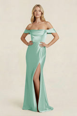 Off - the - Shoulder Sheath Satin Bridesmaid Dress with Slit in Pale Pistachio - KissProm Bridesmaid Dresses