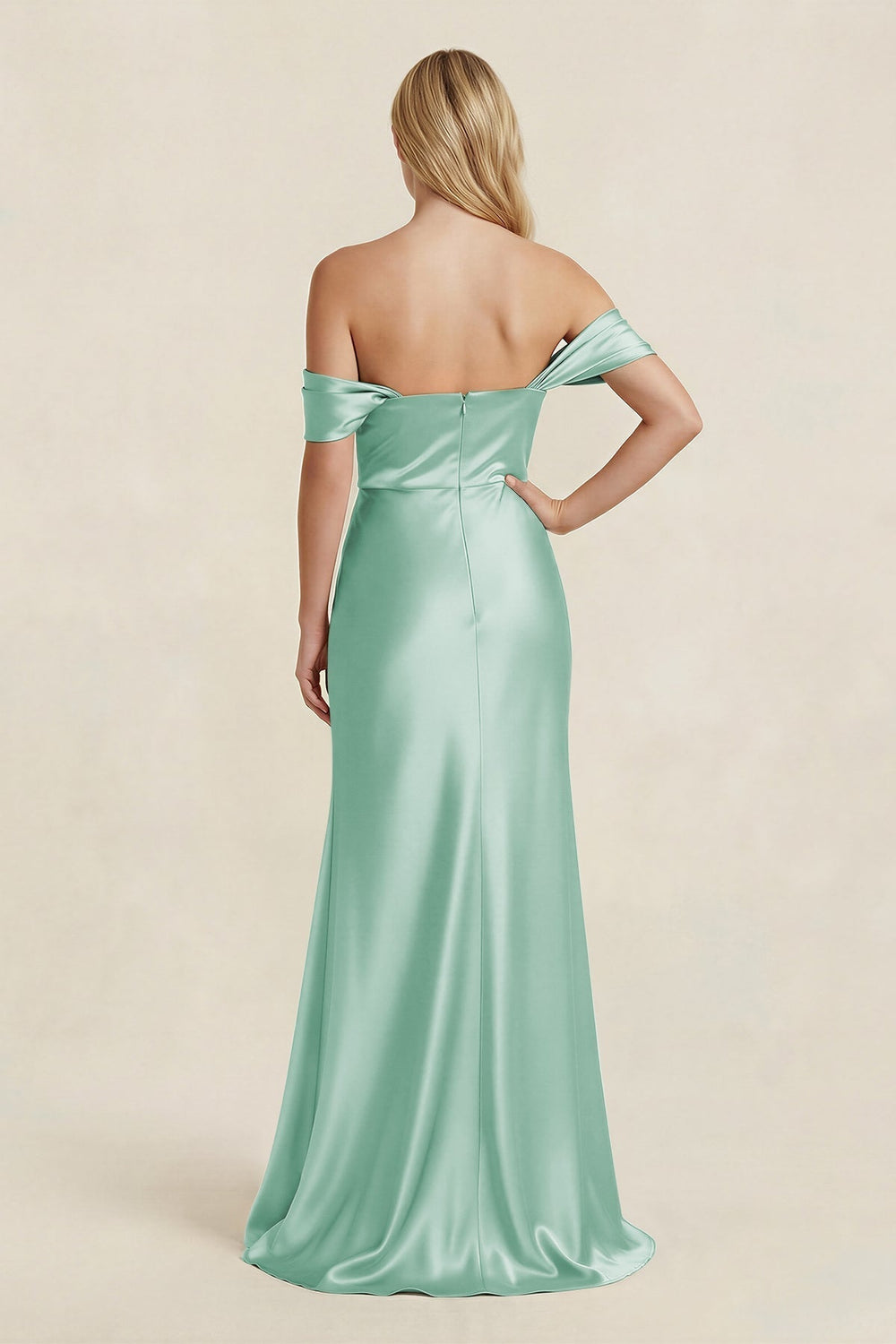 Off - the - Shoulder Sheath Satin Bridesmaid Dress with Slit in Pale Pistachio - KissProm Bridesmaid Dresses