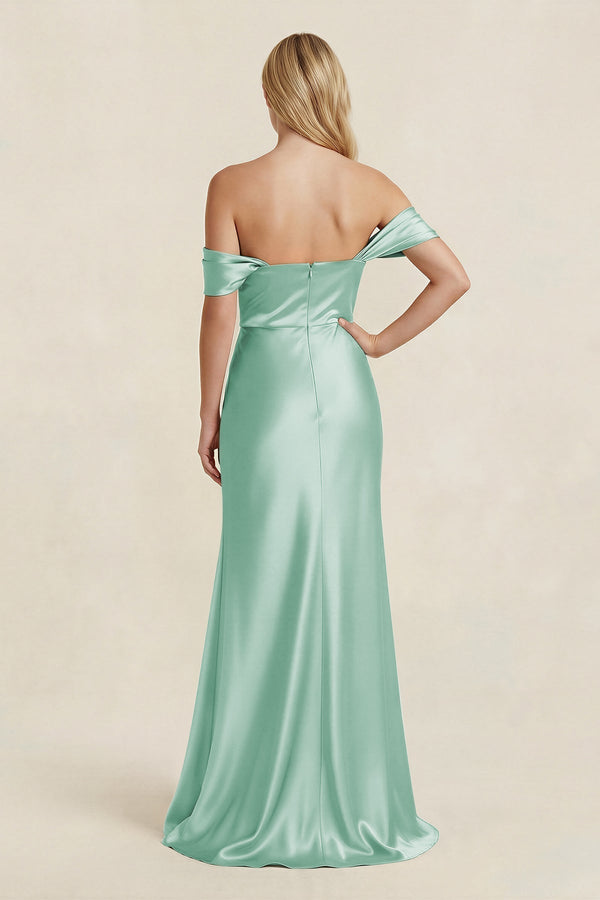 Off - the - Shoulder Sheath Satin Bridesmaid Dress with Slit in Pale Pistachio - KissProm Bridesmaid Dresses