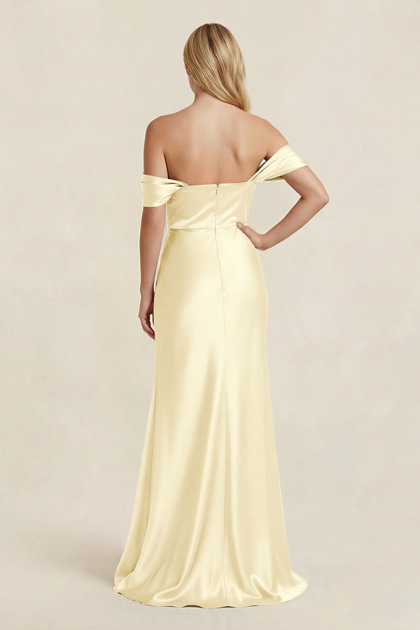 Off - the - Shoulder Sheath Satin Bridesmaid Dress with Slit in Pastel Yellow - KissProm Bridesmaid Dresses