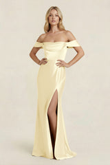 Off - the - Shoulder Sheath Satin Bridesmaid Dress with Slit in Pastel Yellow - KissProm Bridesmaid Dresses