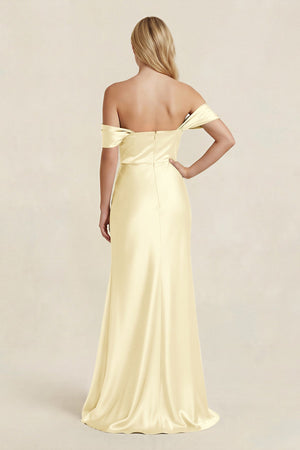 Off - the - Shoulder Sheath Satin Bridesmaid Dress with Slit in Pastel Yellow - KissProm Bridesmaid Dresses