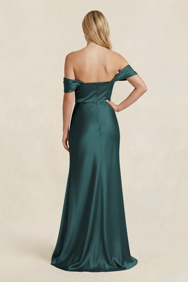 Off - the - Shoulder Sheath Satin Bridesmaid Dress with Slit in Pine - KissProm Bridesmaid Dresses