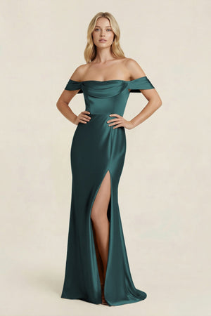 Off - the - Shoulder Sheath Satin Bridesmaid Dress with Slit in Pine - KissProm Bridesmaid Dresses