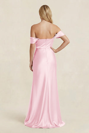 Off - the - Shoulder Sheath Satin Bridesmaid Dress with Slit in Pink - KissProm Bridesmaid Dresses