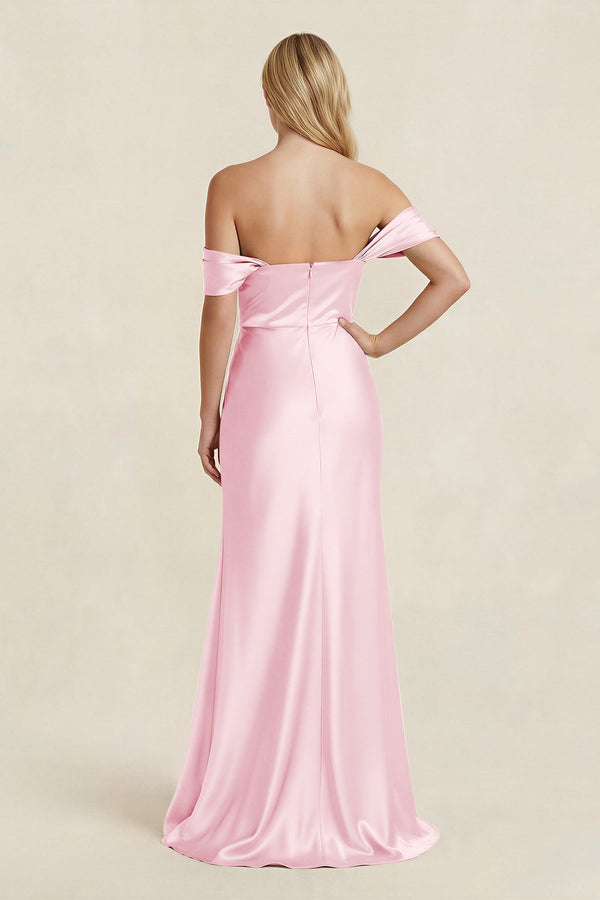Off - the - Shoulder Sheath Satin Bridesmaid Dress with Slit in Pink - KissProm Bridesmaid Dresses