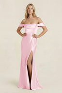 Off - the - Shoulder Sheath Satin Bridesmaid Dress with Slit in Pink - KissProm Bridesmaid Dresses
