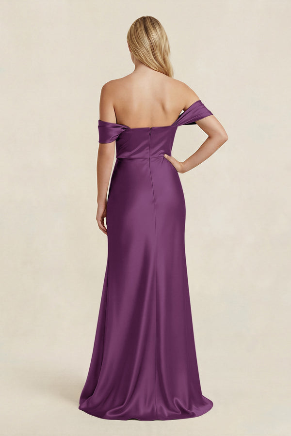 Off-the-Shoulder Sheath Satin Bridesmaid Dress with Slit in Plum Off-the-Shoulder Sheath Satin Bridesmaid Dress with Slit in Plum