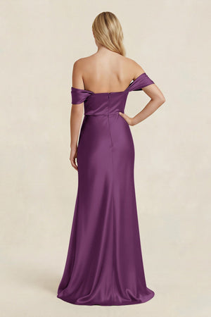 Off - the - Shoulder Sheath Satin Bridesmaid Dress with Slit in Plum - KissProm Bridesmaid Dresses