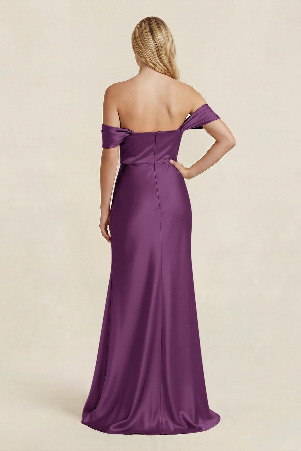 Off - the - Shoulder Sheath Satin Bridesmaid Dress with Slit in Plum - KissProm Bridesmaid Dresses