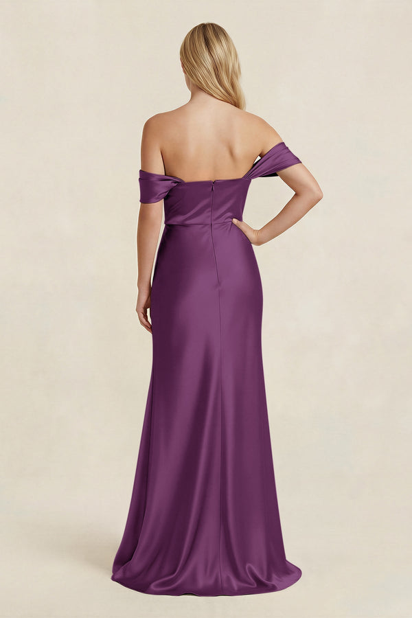 Off - the - Shoulder Sheath Satin Bridesmaid Dress with Slit in Plum - KissProm Bridesmaid Dresses