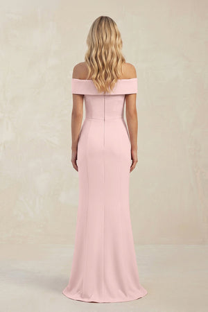 Off - the - Shoulder Sheath Satin Bridesmaid Dress With Slit in Rose Petal - KissProm Bridesmaid Dresses