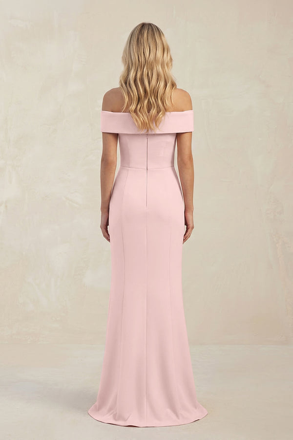Off - the - Shoulder Sheath Satin Bridesmaid Dress With Slit in Rose Petal - KissProm Bridesmaid Dresses