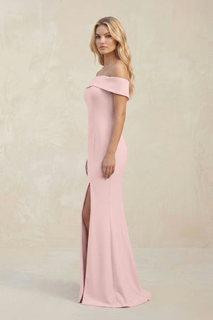 Off - the - Shoulder Sheath Satin Bridesmaid Dress With Slit in Rose Petal - KissProm Bridesmaid Dresses