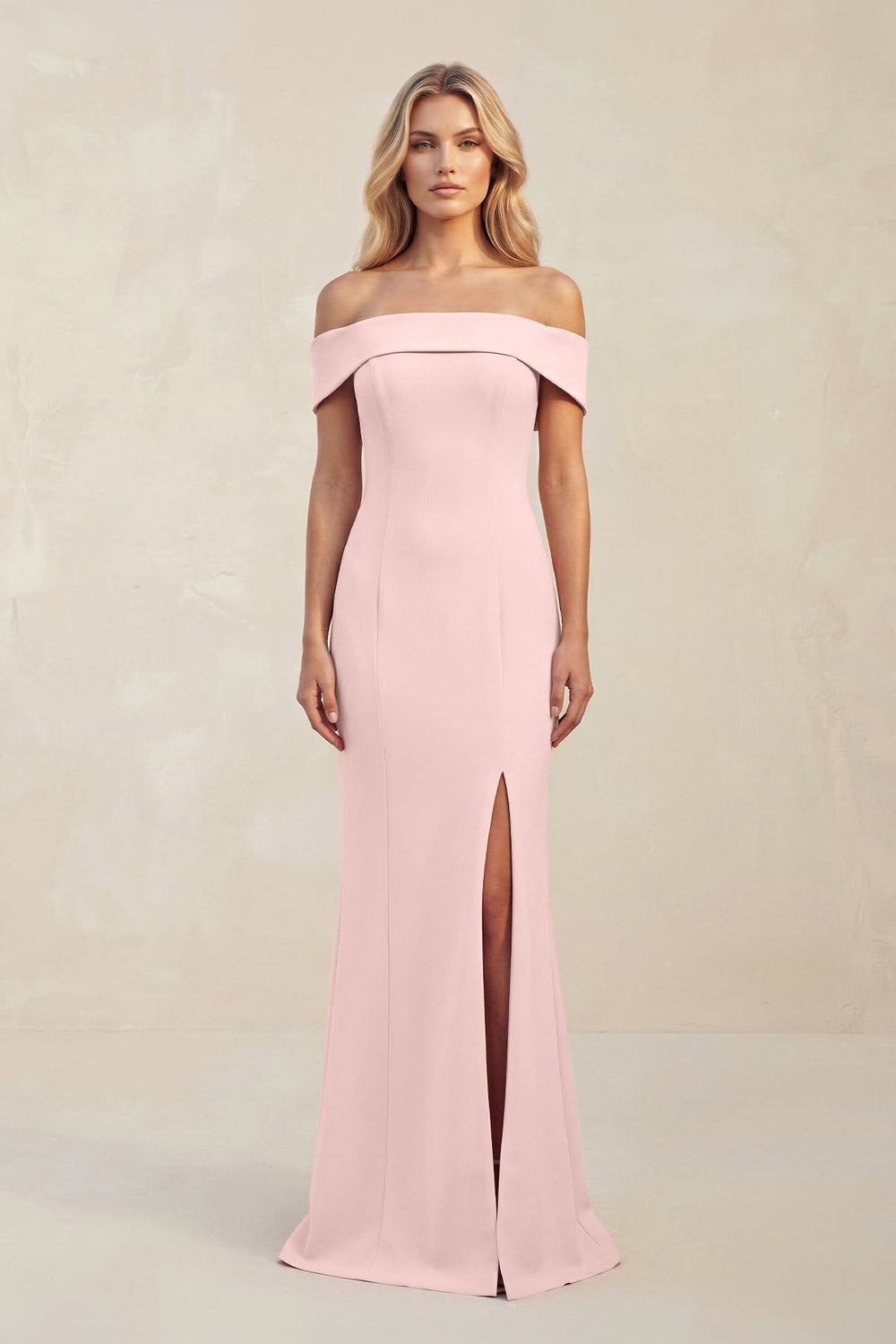 Off - the - Shoulder Sheath Satin Bridesmaid Dress With Slit in Rose Petal - KissProm Bridesmaid Dresses