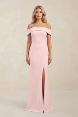 Off - the - Shoulder Sheath Satin Bridesmaid Dress With Slit in Rose Petal - KissProm Bridesmaid Dresses