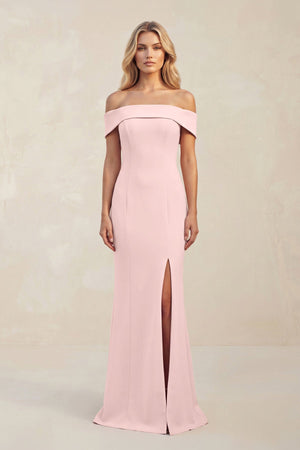 Off - the - Shoulder Sheath Satin Bridesmaid Dress With Slit in Rose Petal - KissProm Bridesmaid Dresses
