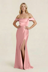 Off - the - Shoulder Sheath Satin Bridesmaid Dress with Slit in Rosette - KissProm Bridesmaid Dresses