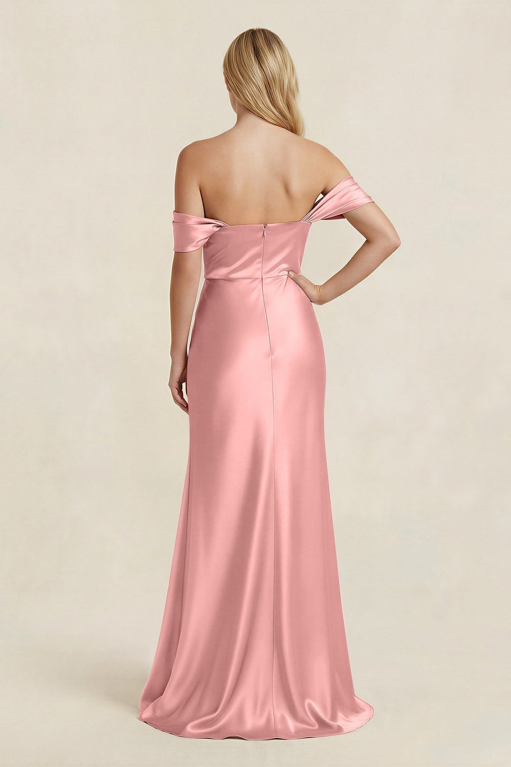 Off - the - Shoulder Sheath Satin Bridesmaid Dress with Slit in Rosette - KissProm Bridesmaid Dresses