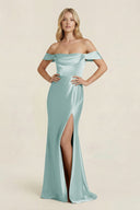 Off - the - Shoulder Sheath Satin Bridesmaid Dress with Slit in Sage - KissProm Bridesmaid Dresses